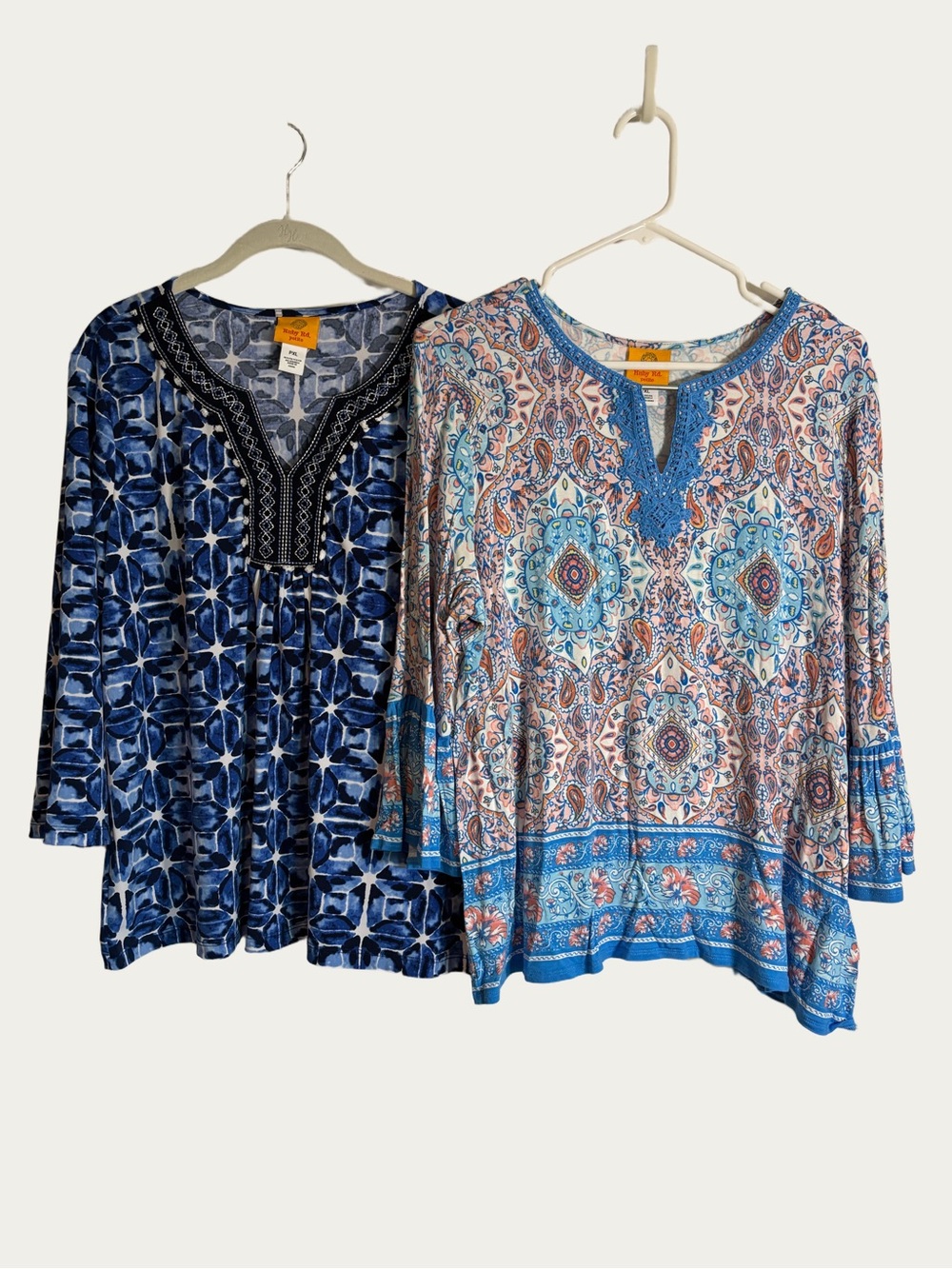 2 Ruby Rd. Blue Patterned Mixed-Media Shirts - Petite XL PXL
